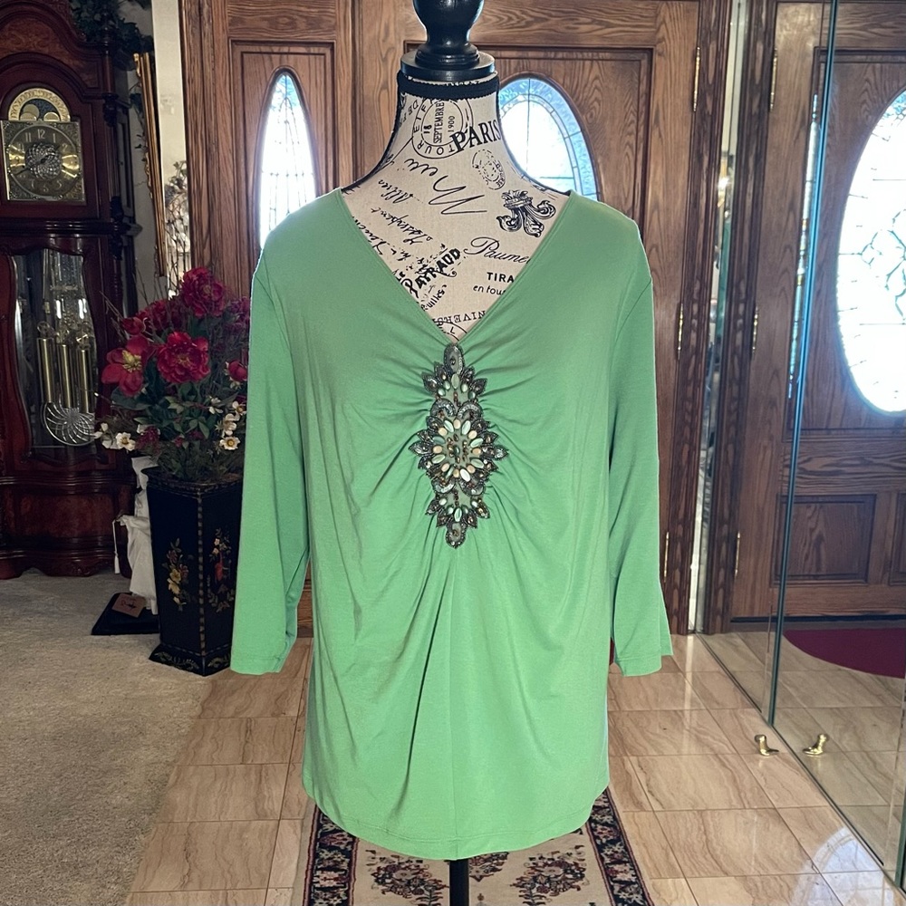 Karen Kane Green Top with Beaded Appliqué